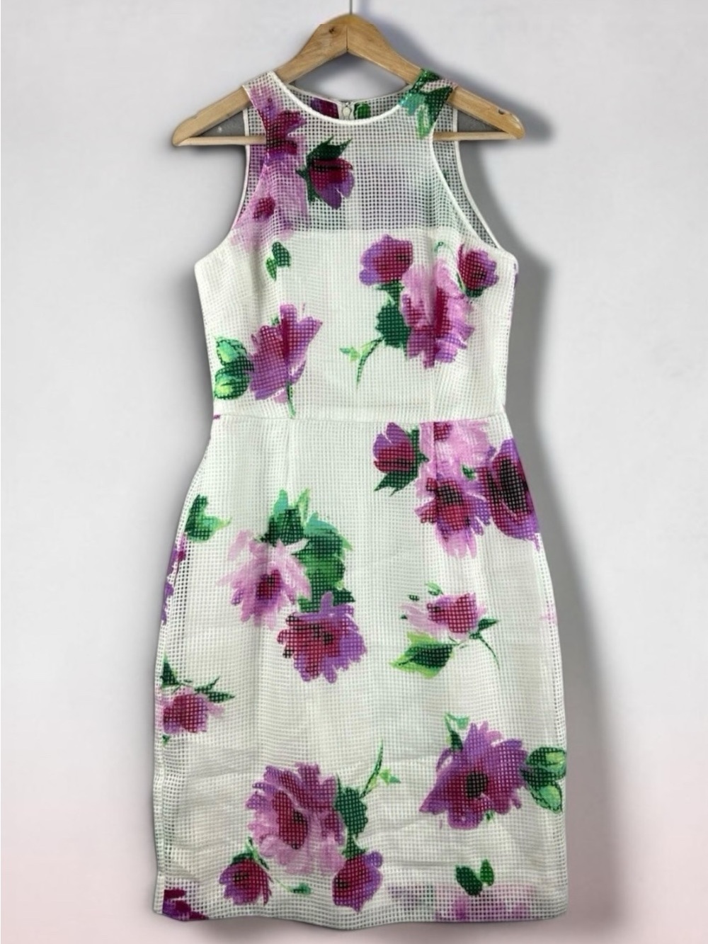 Sleeveless White Midi Dress with Purple Floral Print